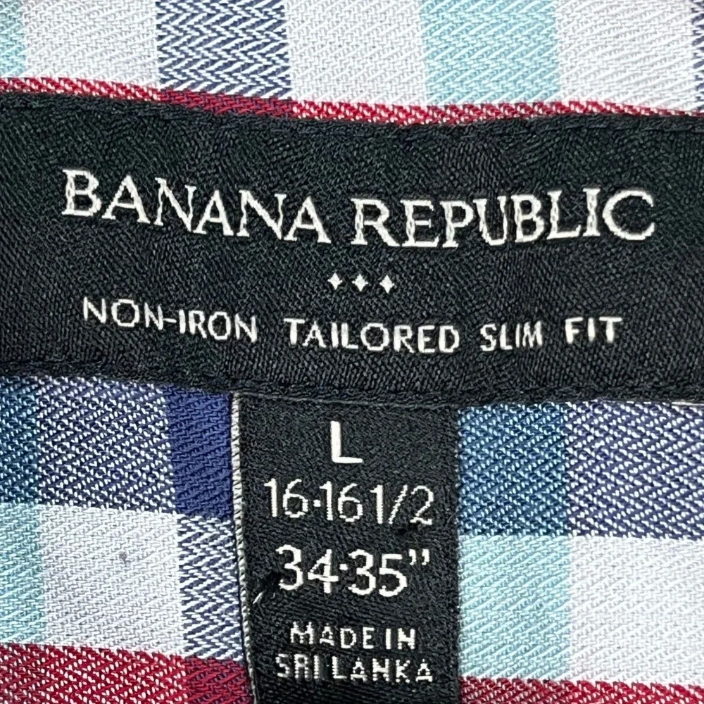 Banana Republic‎ Button Down Shirt Mens Large Red Blue Gingham Slim Herringbone